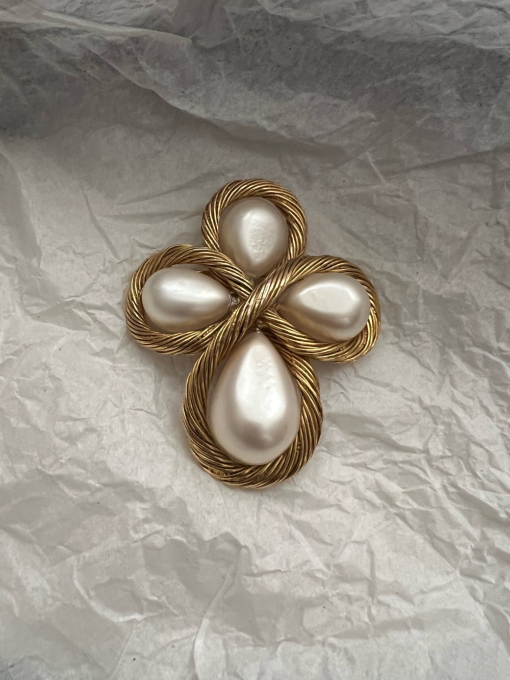CHANEL Gold-Tone Faux Pearl Cross Brooch